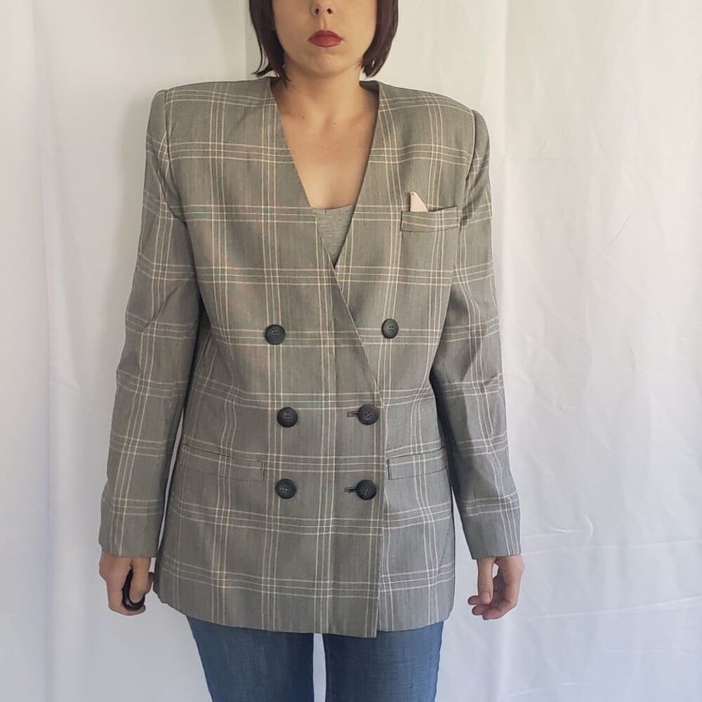 90s Gray and Pink Plaid Double Breasted Blazer